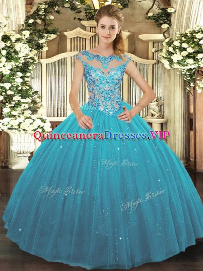 Elegant Teal Tulle Lace Up Scoop Sleeveless Floor Length Quinceanera Dresses Beading - Click Image to Close