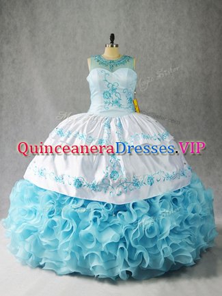 Ball Gowns 15 Quinceanera Dress Baby Blue Scoop Fabric With Rolling Flowers Sleeveless Floor Length Lace Up