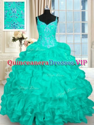 Dynamic Turquoise Lace Up Spaghetti Straps Beading and Ruffles Sweet 16 Dress Organza Sleeveless Brush Train