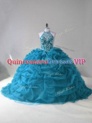 Teal 15 Quinceanera Dress Halter Top Sleeveless Lace Up