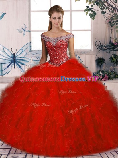 Tulle Off The Shoulder Sleeveless Brush Train Lace Up Beading and Ruffles Vestidos de Quinceanera in Red - Click Image to Close