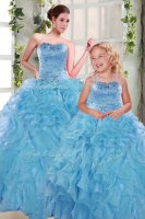 Excellent Sweetheart Sleeveless Sweet 16 Dresses Floor Length Beading and Ruffles Aqua Blue Organza