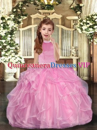 Sleeveless Floor Length Beading and Ruffles Lace Up Kids Pageant Dress with Baby Pink