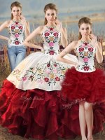 Traditional Floor Length White And Red Ball Gown Prom Dress Organza Sleeveless Embroidery and Ruffles(SKU SWQD301MTTZA1ABIZ)