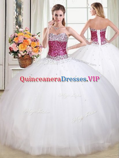 Stylish Sleeveless Tulle Floor Length Lace Up Ball Gown Prom Dress in White with Beading - Click Image to Close