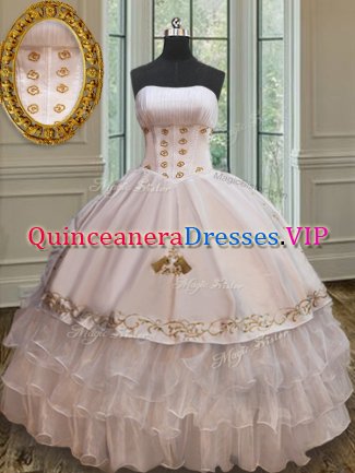 White Ball Gowns Strapless Sleeveless Organza and Taffeta Floor Length Lace Up Beading and Embroidery and Ruffles Quinceanera Dress