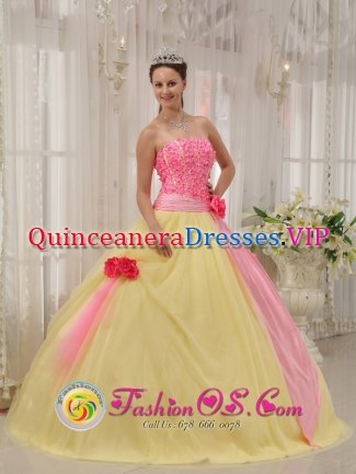 Avon Connecticut/CT Light Yellow and Baby Pink Hand Made Flowers Sweet Quinceanera Dress For Graduation