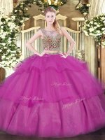 Fuchsia 15 Quinceanera Dress Military Ball and Sweet 16 and Quinceanera with Beading and Ruffled Layers Scoop Sleeveless Lace Up(SKU SJQDDT1481002-1BIZ)