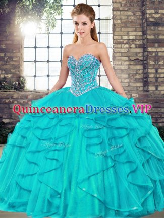 Sleeveless Tulle Floor Length Lace Up 15th Birthday Dress in Aqua Blue with Beading and Ruffles