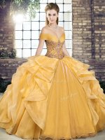 Sleeveless Floor Length Beading and Ruffles Lace Up Sweet 16 Dresses with Gold