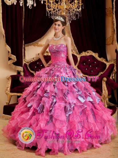 Manresa Spain Hot Pink Sweetheart Neckline Quinceanera Dress With Leopard and Organza Ruffled Skirt - Click Image to Close