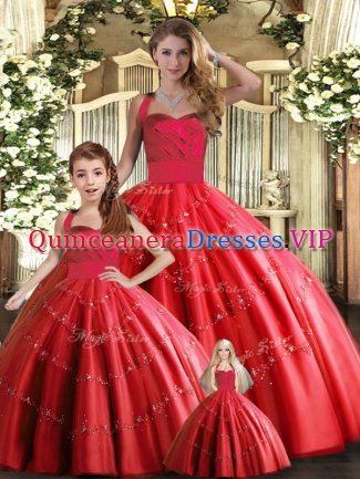 Floor Length Lace Up Quinceanera Dress Red for Military Ball and Sweet 16 and Quinceanera with Appliques