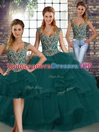 Low Price Peacock Green Sleeveless Beading and Ruffles Floor Length Quinceanera Gowns