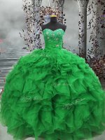 Green Sleeveless Floor Length Beading and Ruffles Lace Up Quinceanera Dress