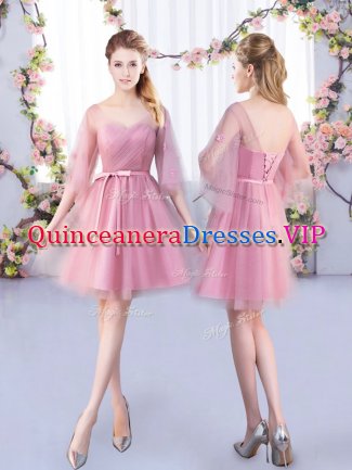 Mini Length Lace Up Damas Dress Pink for Wedding Party with Appliques and Belt