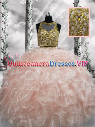 Top Selling Peach Sleeveless Beading and Ruffles Floor Length Ball Gown Prom Dress