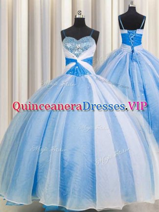 Sequins Spaghetti Straps Floor Length Ball Gowns Sleeveless Baby Blue Quince Ball Gowns Lace Up