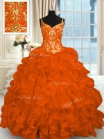 Artistic Lace Up Vestidos de Quinceanera Orange Red for Military Ball and Sweet 16 and Quinceanera with Beading and Ruffles Brush Train