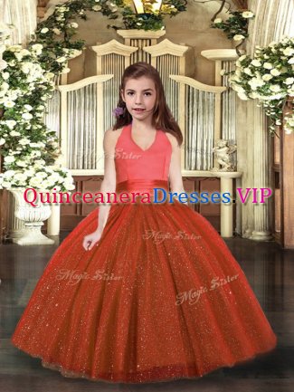 Unique Ball Gowns Pageant Dress Toddler Rust Red Halter Top Tulle Sleeveless Floor Length Lace Up