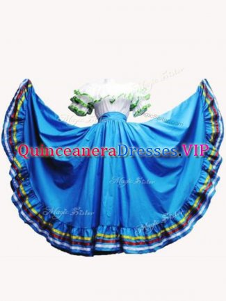 Floor Length Baby Blue Quinceanera Gown Taffeta Short Sleeves Ruffled Layers