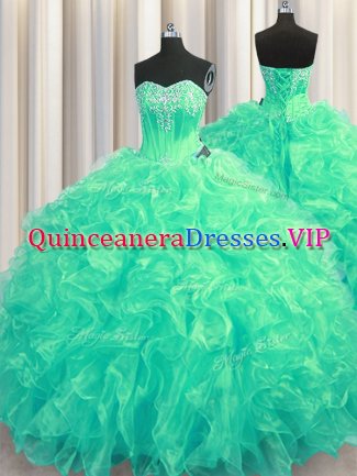 Beading and Ruffles Sweet 16 Dress Turquoise Lace Up Sleeveless Brush Train