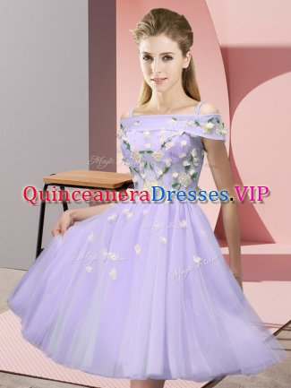 Best Selling Lavender Empire Tulle Off The Shoulder Short Sleeves Appliques Knee Length Lace Up Quinceanera Dama Dress