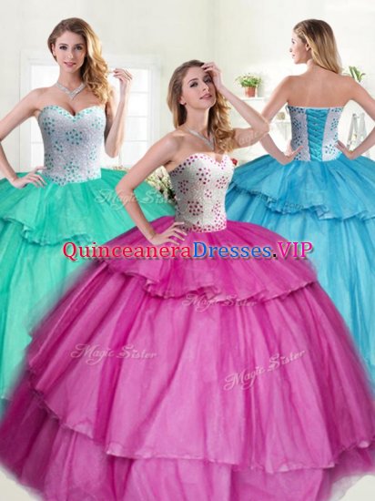 Graceful Sleeveless Tulle Floor Length Lace Up Vestidos de Quinceanera in Fuchsia with Beading and Ruffled Layers - Click Image to Close