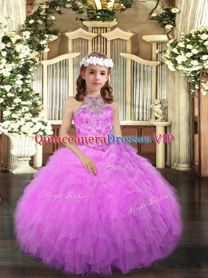 Fashion Halter Top Sleeveless Tulle Pageant Dress for Girls Beading and Ruffles Lace Up - Click Image to Close