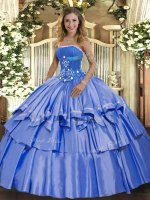 Custom Made Blue Vestidos de Quinceanera Military Ball and Sweet 16 and Quinceanera with Beading and Ruffled Layers Strapless Sleeveless Lace Up