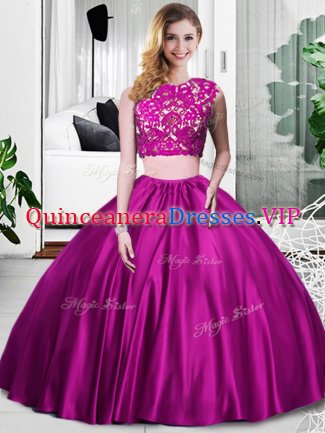 Fuchsia Sleeveless Lace and Ruching Floor Length Quinceanera Gowns