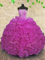 New Style Floor Length Lace Up Sweet 16 Quinceanera Dress Fuchsia for Military Ball and Sweet 16 and Quinceanera with Beading and Ruffles