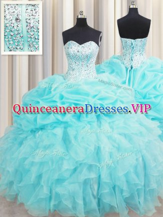 Visible Boning Aqua Blue Sleeveless Floor Length Beading and Ruffles and Pick Ups Lace Up Sweet 16 Dresses