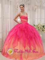 Hallstahammar Sweden Hot Pink and Gold Riffles Sweet 16 Dress With Ruch Bodice Organza and Beaded Decorate Bust