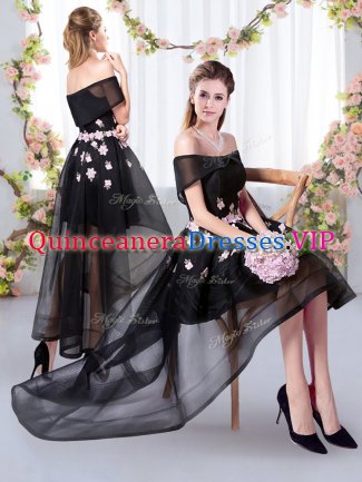 Deluxe Black Short Sleeves Appliques High Low Vestidos de Damas