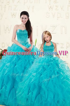 Ideal Aqua Blue Ball Gowns Sweetheart Sleeveless Organza Floor Length Lace Up Beading and Ruffles Quinceanera Gowns