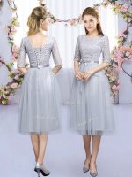 Sexy Grey Tulle Lace Up Scoop Half Sleeves Tea Length Court Dresses for Sweet 16 Lace and Belt