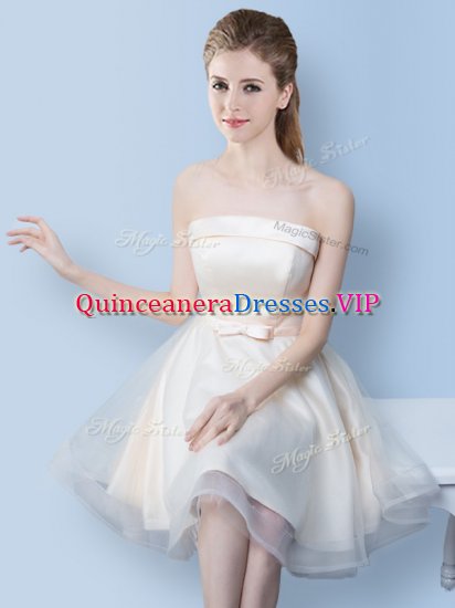 White A-line Bowknot Dama Dress for Quinceanera Lace Up Tulle Sleeveless Knee Length - Click Image to Close