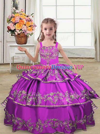 Low Price Purple Lace Up Straps Embroidery and Ruffled Layers Pageant Gowns For Girls Satin Sleeveless - Click Image to Close