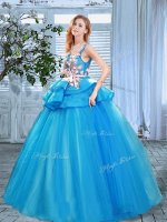 Scoop Sleeveless Appliques and Hand Made Flower Lace Up Ball Gown Prom Dress