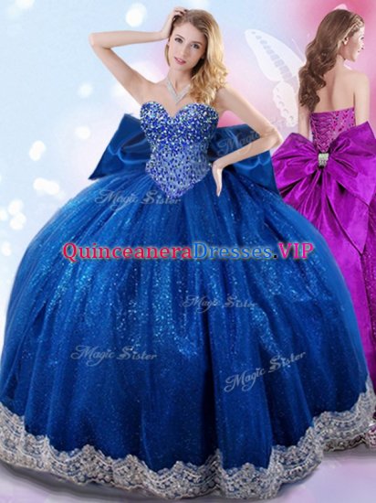 Pretty Sleeveless Taffeta Floor Length Lace Up 15th Birthday Dress in Royal Blue with Beading and Lace and Bowknot - Click Image to Close