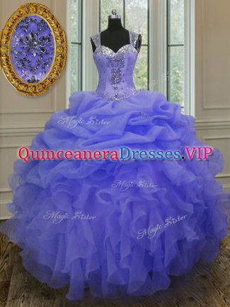 Straps Blue Organza Zipper Quinceanera Dress Sleeveless Floor Length Beading and Ruffles