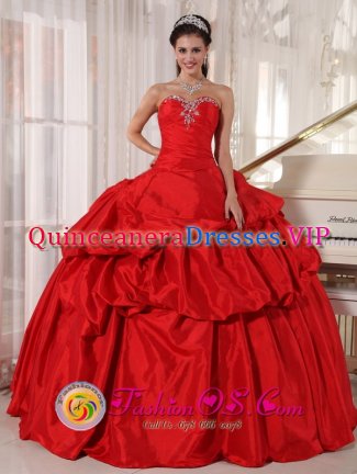 Picayune Mississippi/MS Red Sweetheart Ball Gown For Floor length lace up bodice Quinceaners Dress With Pick-ups and Beading