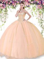 Fancy Peach Lace Up Sweetheart Beading Sweet 16 Dress Tulle Sleeveless