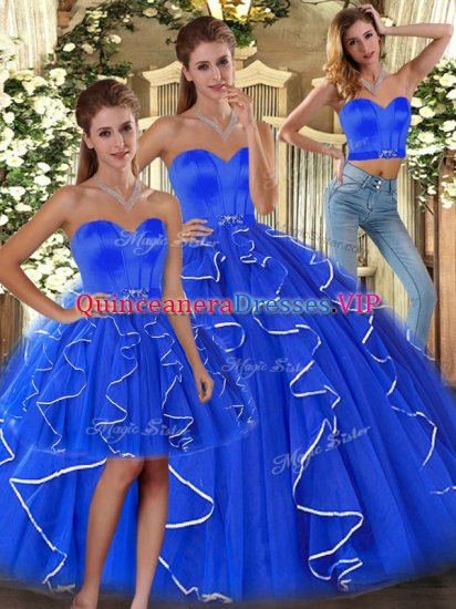 Blue Lace Up Sweetheart Ruffles Sweet 16 Dress Tulle Sleeveless - Click Image to Close