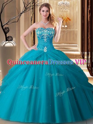 Admirable Teal Lace Up Sweetheart Embroidery Sweet 16 Quinceanera Dress Tulle Sleeveless