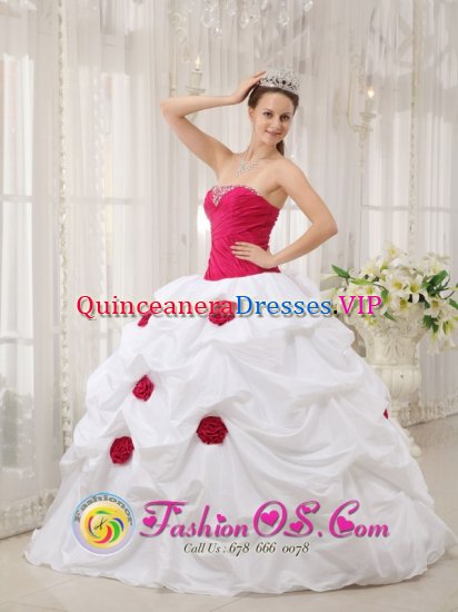 Pottsboro TX Hand Made Flowers and Beading Decorate Bodice Sexy White and Hot Pink Quinceanera Dress For Willcox Strapless Taffeta Ball Gown - Click Image to Close