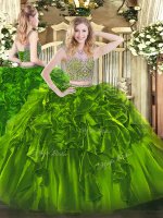 Olive Green Two Pieces Scoop Sleeveless Organza Floor Length Lace Up Beading and Ruffles Quinceanera Dress