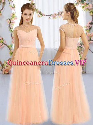 Cap Sleeves Floor Length Beading Zipper Dama Dress with Peach