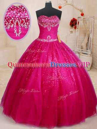 Popular Tulle Sweetheart Sleeveless Lace Up Beading and Sequins Vestidos de Quinceanera in Fuchsia