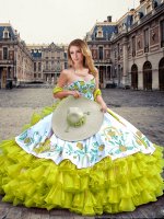 Ideal Yellow Green Lace Up Sweetheart Embroidery and Ruffled Layers Quinceanera Gown Organza and Taffeta Sleeveless